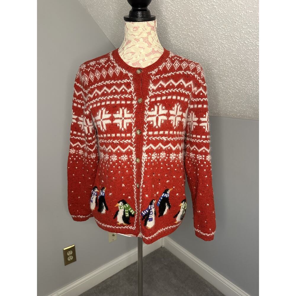 Coldwater Creek Red White Snowflake & Penguin Novelty Print Sweater Xmas Size M